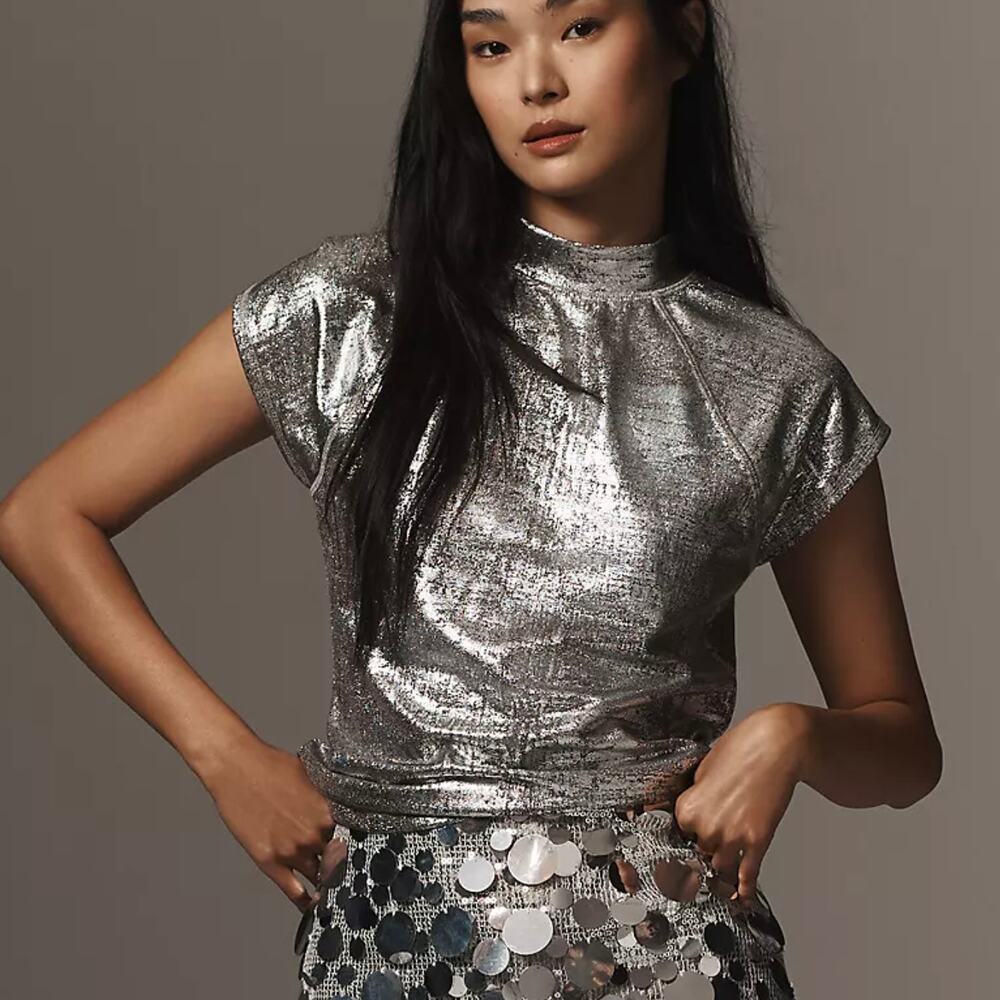 Anthropologie Pilcro Cap-Sleeve Mock-Neck Metallic Top - Silver - Size XS